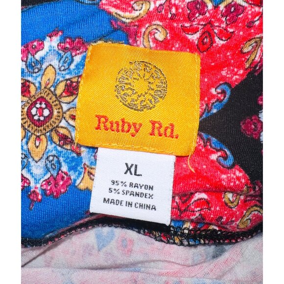 Ruby Rd. XL Multicolor Boho Tunic Top With Drawstring Ruched side 3/4 Sleeves - Picture 3 of 4